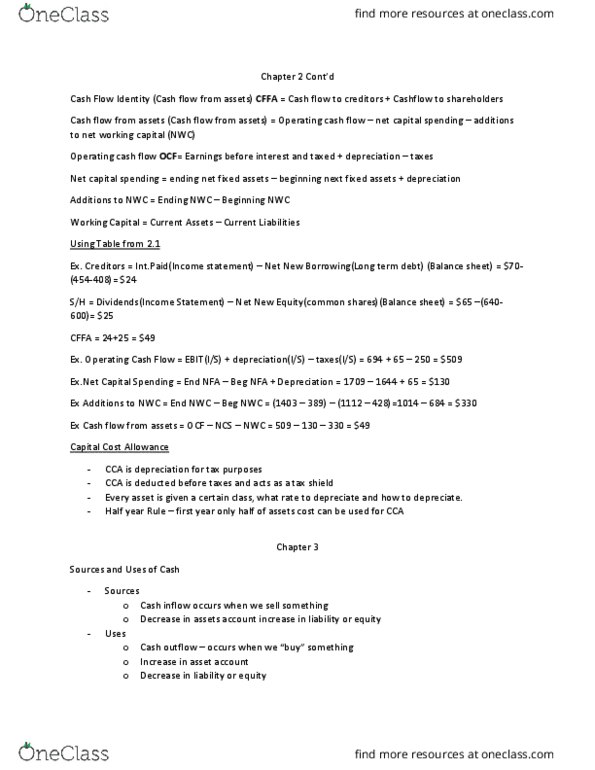 FIN 300 Lecture Notes - Lecture 2: Operating Cash Flow, Capital Cost Allowance, Cash Flow thumbnail