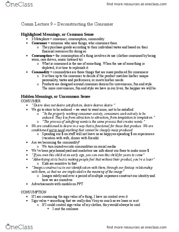 COMM256 Lecture Notes - Lecture 9: Quarter Pounder, Conspicuous Consumption, Psychoanalysis thumbnail