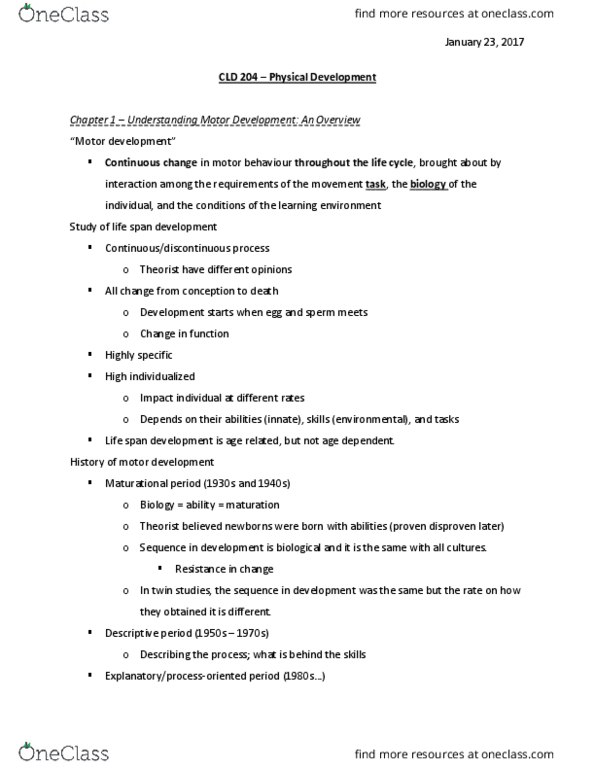 CLD 204 Lecture Notes - Lecture 2: Body Composition, Motor Learning, Motor Control thumbnail