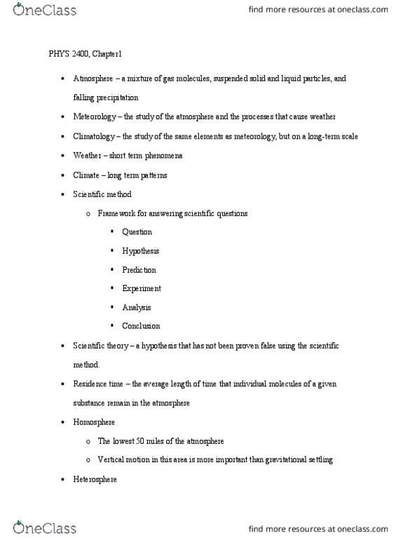 PHYS-2400 Chapter Notes - Chapter 1: Tropopause, Photodissociation, Main Source thumbnail