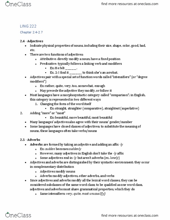 LING 222 Chapter Notes - Chapter 2.4-2.7: Part Of Speech, Linking Verb, Complementary Distribution thumbnail
