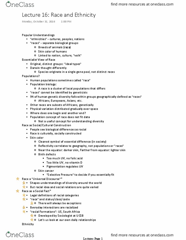 ANTH 2 Lecture Notes - Lecture 16: Fredrik Barth, Population Biology, Skin Cancer thumbnail