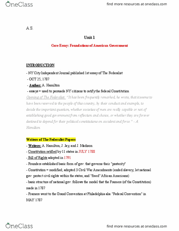 POL SC 1 Chapter Notes - Chapter 1: Supremacy Clause, Rulemaking, The Federalist Papers thumbnail