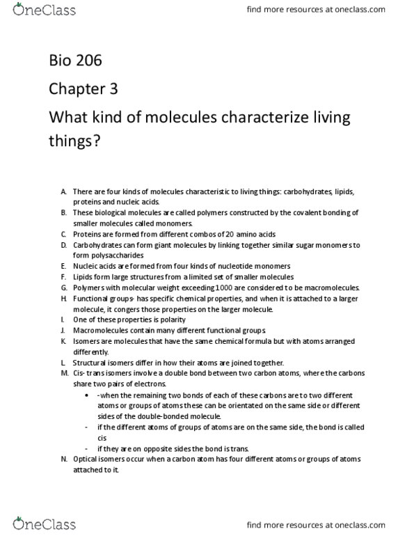 BIOL 206 Chapter Notes - Chapter 3: Hydrolysis, Asymmetric Carbon, Chemical Formula thumbnail
