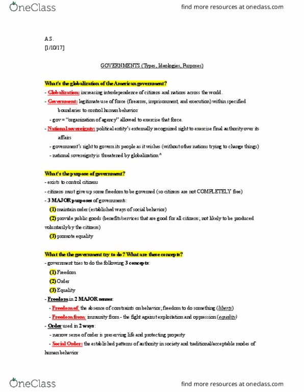 POL SC 1 Lecture Notes - Lecture 1: Totalitarianism, Capitalism, Westphalian Sovereignty thumbnail