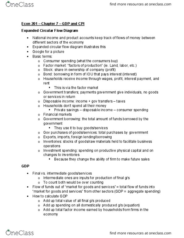 ECON 201 Chapter Notes - Chapter 7: Disposable And Discretionary Income, Market Basket, Gdp Deflator thumbnail