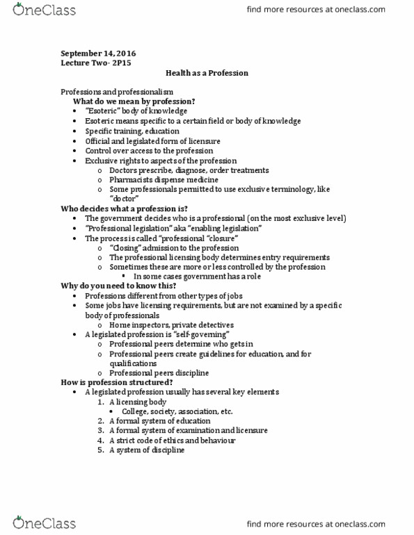 HLSC 2P15 Lecture Notes - Lecture 2: Canadian Medical Association, Formal System, Professional Code Of Quebec thumbnail