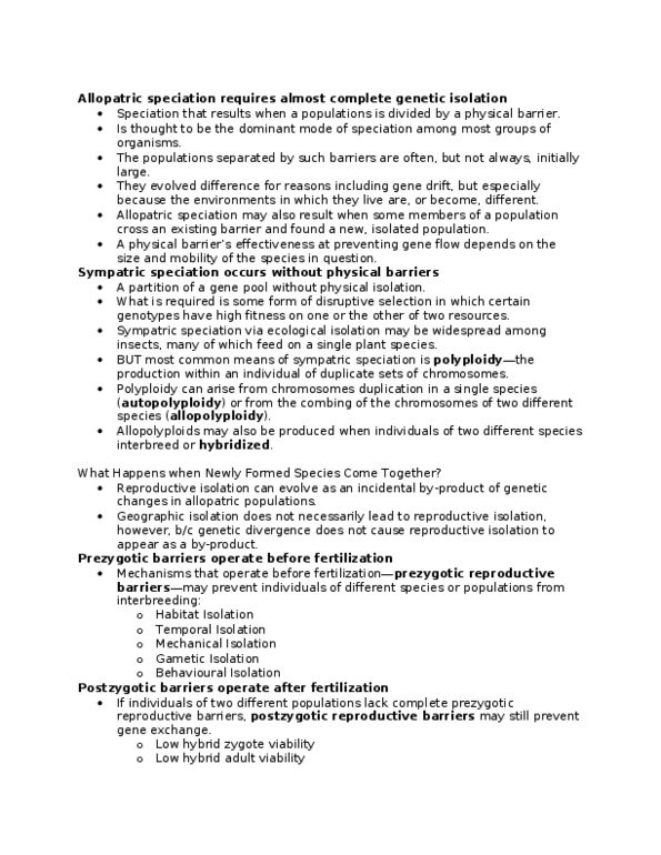 BIOL 4P08 Lecture Notes - Hybrid Zone, Evolutionary Radiation, Zygote thumbnail