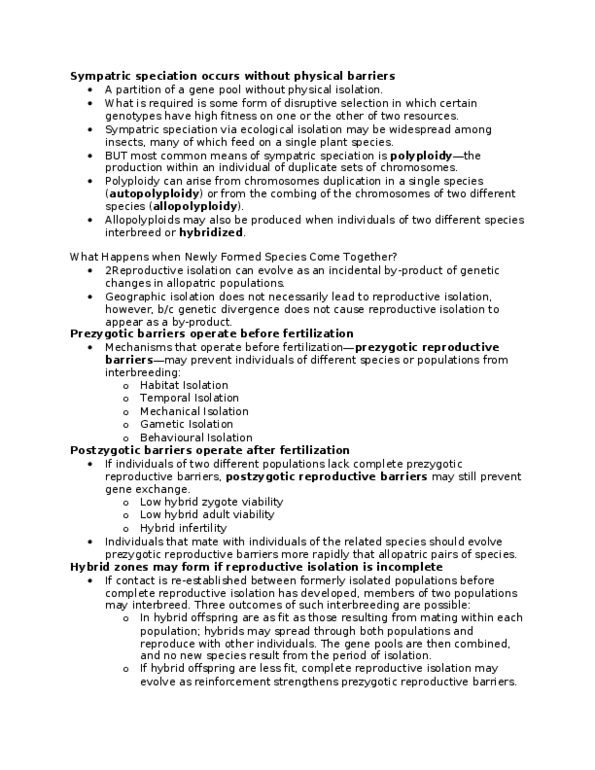 BIOL 4P08 Lecture Notes - Allopatric Speciation, Disruptive Selection, Evolutionary Radiation thumbnail