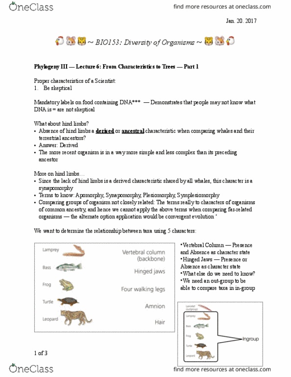 BIO153H5 Lecture Notes - Lecture 6: Synapomorphy, Symplesiomorphy thumbnail