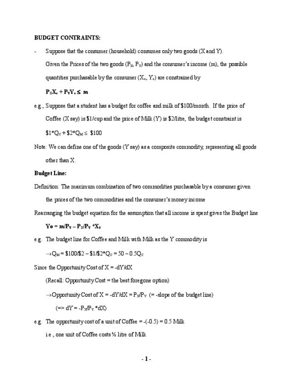 MGMT 1P93 Lecture Notes - Budget Constraint, Ordinal Utility, Indifference Curve thumbnail