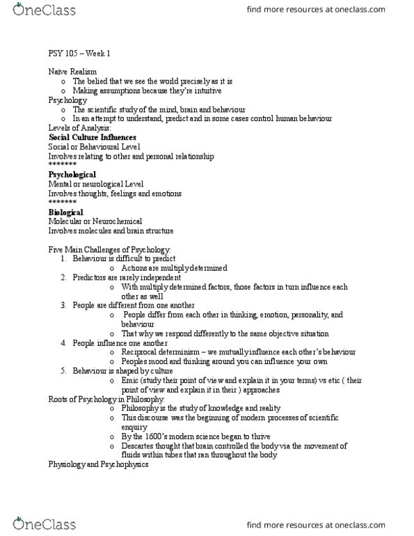 PSY 105 Lecture Notes - Lecture 1: Abraham Maslow, Psychoanalysis, Wilhelm Wundt thumbnail