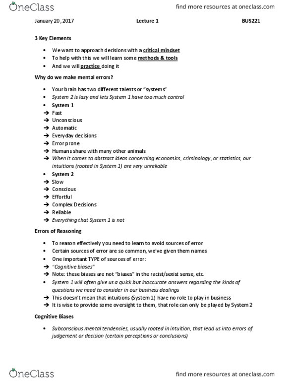 BUS 221 Lecture Notes - Lecture 1: Statistical Hypothesis Testing, Surefire, Confirmation Bias thumbnail