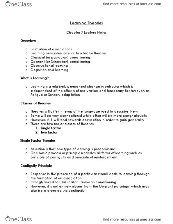 Psychology 1000 Chapter Notes - Chapter 7: Connectionism, Latent Learning, Contiguity thumbnail