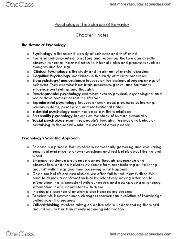 Psychology 1000 Chapter Notes - Chapter 1: Positive Psychology, Sociobiology, Radical Behaviorism thumbnail