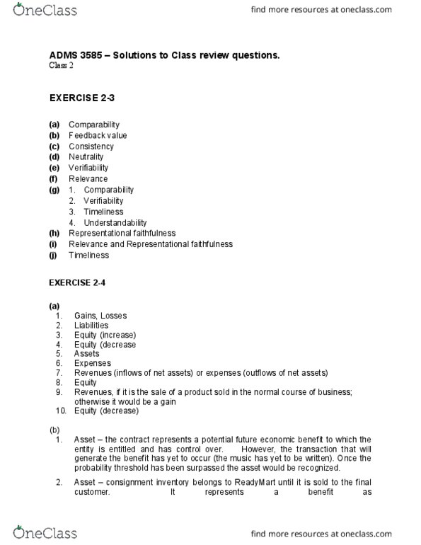 ADMS 3585 Lecture Notes - Lecture 2: Historical Cost, Financial Statement, Revenue Recognition thumbnail