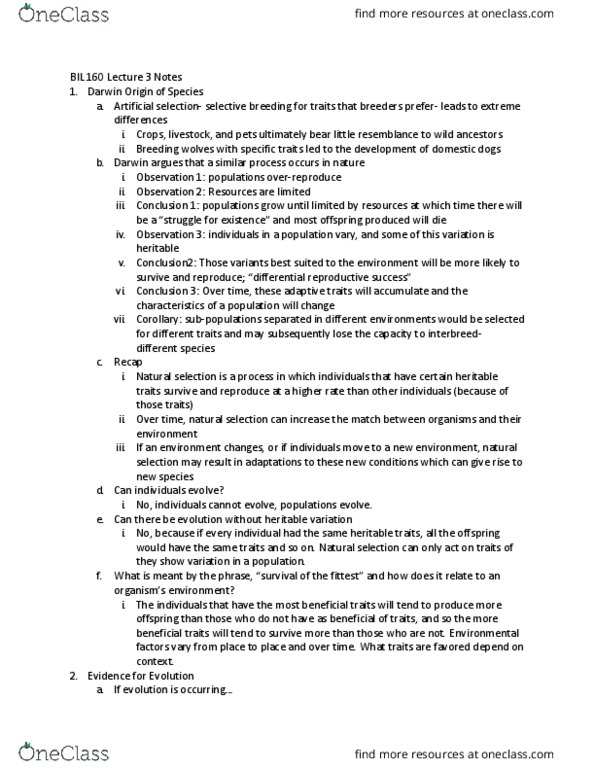 BIL 160 Lecture Notes - Lecture 3: Natural Selection thumbnail