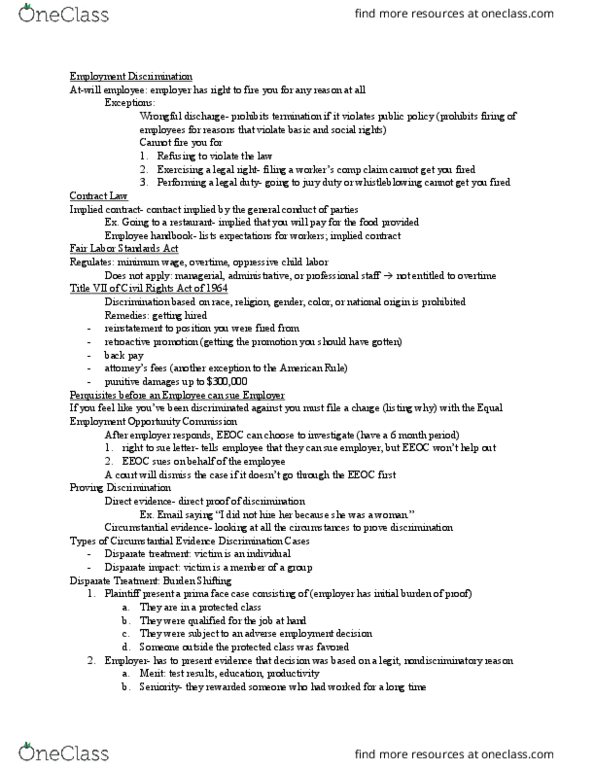 MGT 200 Lecture Notes - Lecture 10: Pregnancy Discrimination Act, Fair Labor Standards Act, Quasi-Contract thumbnail