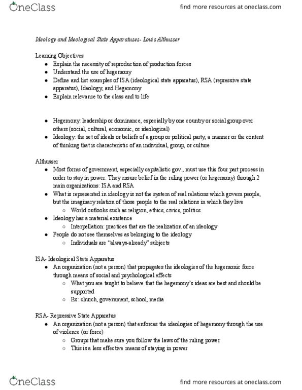 HUM-3321 Lecture Notes - Lecture 3: Louis Althusser thumbnail