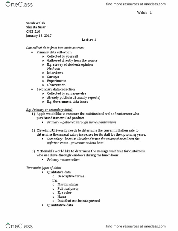 QMB-210 Lecture Notes - Lecture 1: Shoe Size, Eye Color, Qualitative Property thumbnail