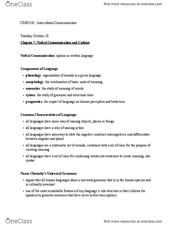 CMN 2181 Lecture Notes - Lecture 7: Language Contact, Universal Grammar, Linguistic Determinism thumbnail