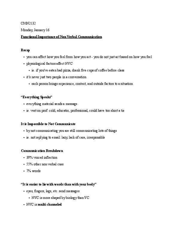 CMN 2130 Lecture Notes - Lecture 2: Proxemics, Nonverbal Communication thumbnail