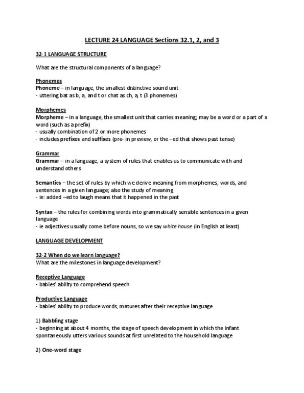 PSYCH101 Lecture Notes - Universal Grammar, Morpheme, Babbling thumbnail