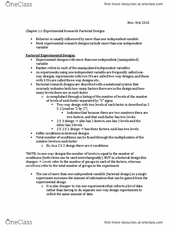 PSYC 2360 Chapter Notes - Chapter 11: Design Of Experiments, Factorial Experiment, F-Test thumbnail