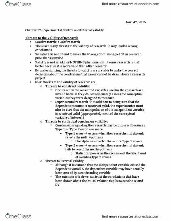PSYC 2360 Chapter Notes - Chapter 12: Internal Validity, Statistical Conclusion Validity, Type I And Type Ii Errors thumbnail
