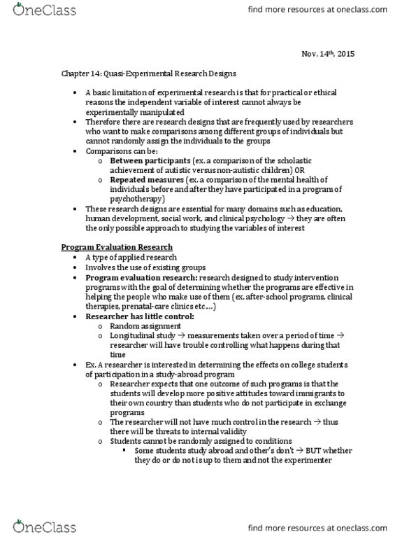 PSYC 2360 Chapter Notes - Chapter 14: Student Exchange Program, Longitudinal Study, Internal Validity thumbnail