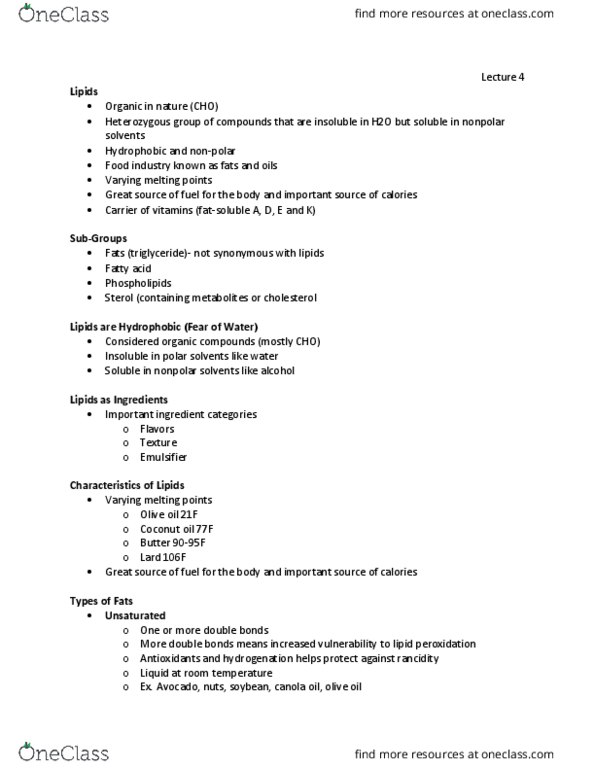 FDST 100 Lecture Notes - Lecture 4: Coconut Oil, Lipid Peroxidation, Olive Oil thumbnail