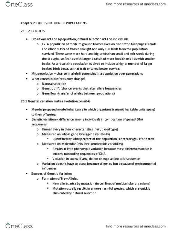 BIOL 2200 Chapter Notes - Chapter 23: Allele Frequency, Genetic Drift, Genetic Variation thumbnail