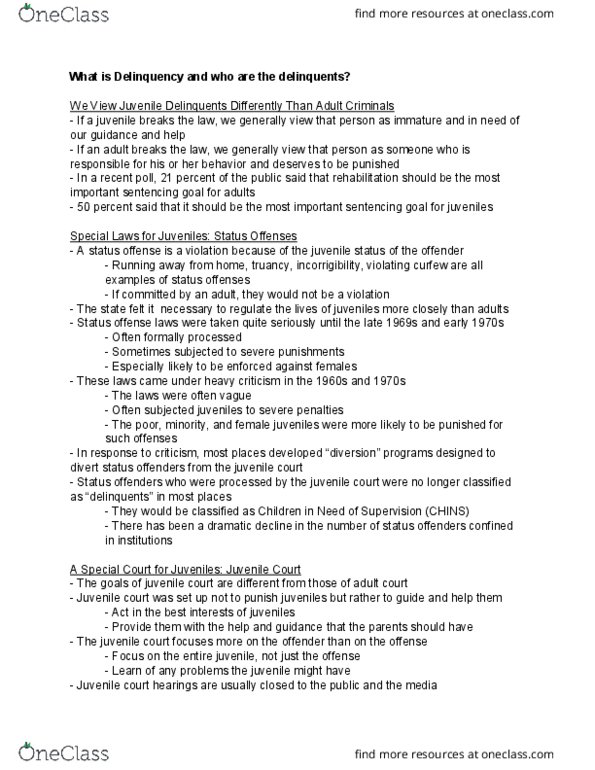 Sociology 2267A/B Lecture Notes - Lecture 2: Juvenile Court, Status Offense, Truancy thumbnail