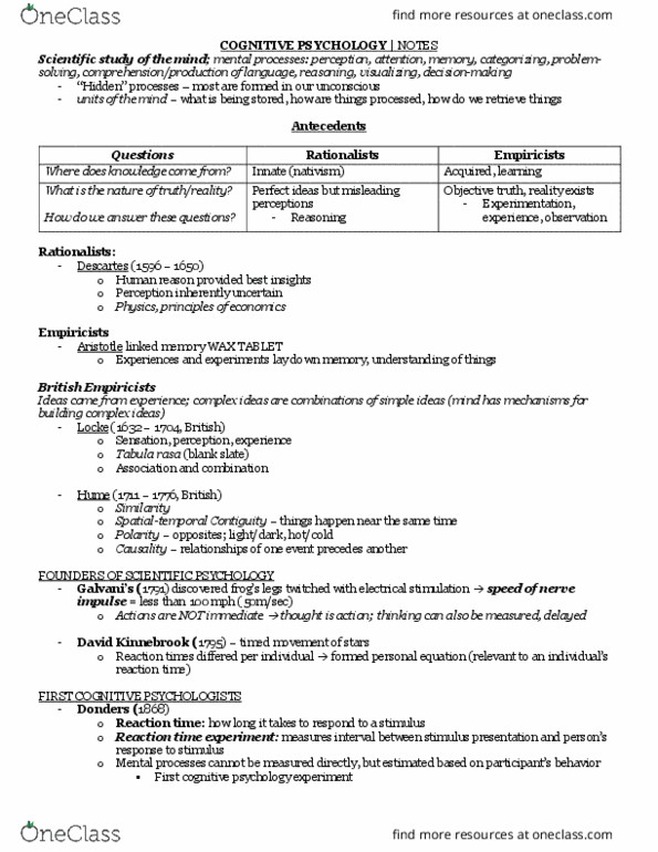 PSY 322 Lecture Notes - Lecture 2: Empiricism, Tabula Rasa, Franciscus Donders thumbnail