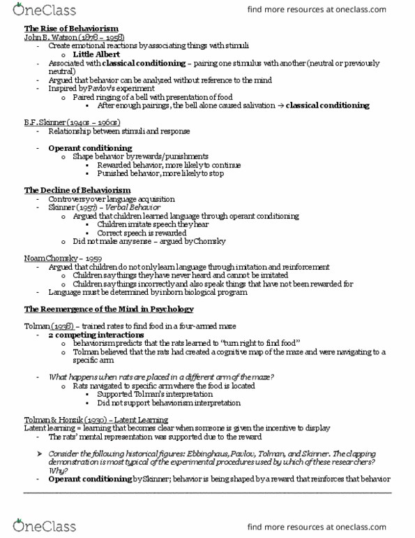 PSY 322 Lecture Notes - Lecture 1: Noam Chomsky, Latent Learning, Little Albert Experiment thumbnail