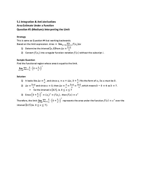 MAT136H1 Lecture : 5.1 Integration & Anti-derivatives Area Estimate Under a Function Question #5 (Medium) thumbnail