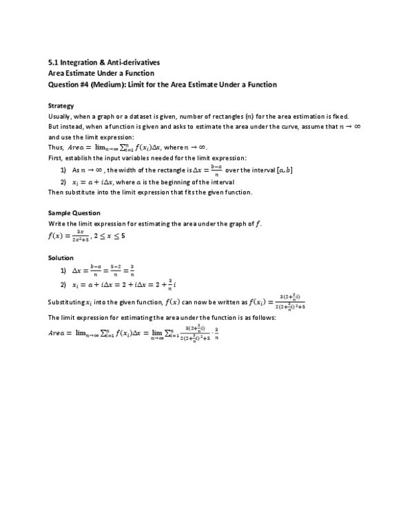 MAT136H1 Lecture : 5.1 Integration & Anti-derivatives Area Estimate Under a Function Question #4 (Medium) thumbnail