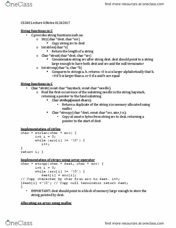 CS 24000 Lecture Notes - Lecture 4: C Dynamic Memory Allocation, Substring, In C thumbnail