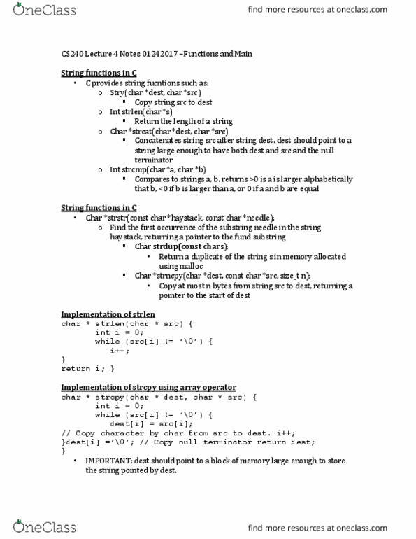 CS 24000 Lecture Notes - Lecture 4: C Dynamic Memory Allocation, Substring, C String Handling thumbnail