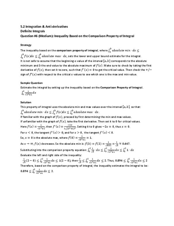 MAT136H1 Lecture : 5.2 Integration & Anti-derivatives Definite Integrals Question #6 (Medium) thumbnail