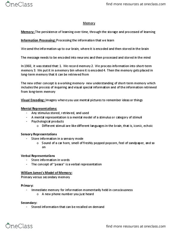 PS 101 Lecture Notes - Lecture 10: Implicit Memory, Sensory Memory, Explicit Memory thumbnail