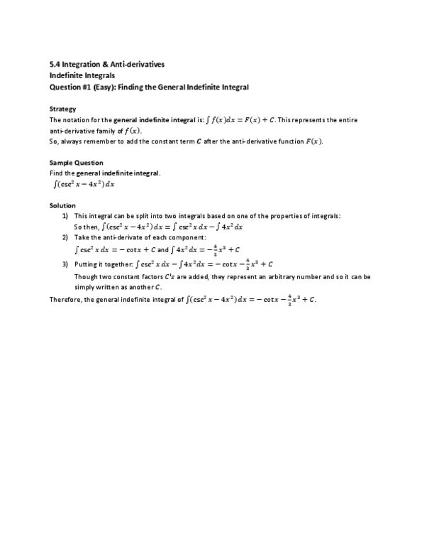 MAT136H1 Lecture : 5.4 Integration & Anti-derivatives Indefinite Integrals Question #1 (Easy) thumbnail