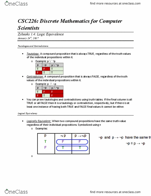 CSC 226 Chapter Notes - Chapter 1.4: Logical Equivalence thumbnail