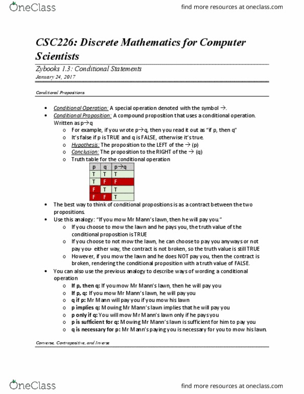 CSC 226 Chapter Notes - Chapter 1.3: Conditional Sentence, Truth Table, Contraposition thumbnail