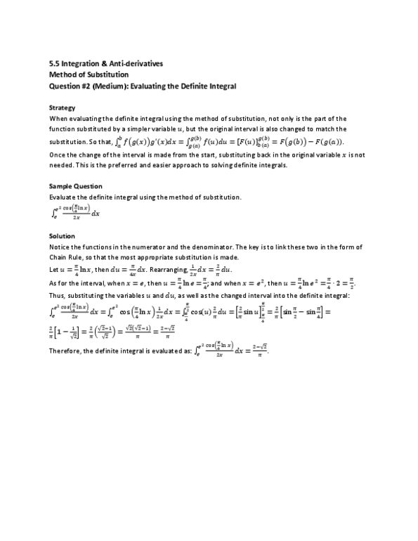 MAT136H1 Lecture : 5.5 Integration & Anti-derivatives Method of Substitution Question #2 (Medium) thumbnail