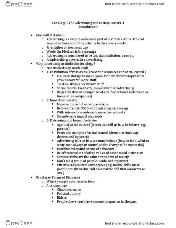 Sociology 2172A/B Lecture Notes - Lecture 1: Social Capital, Determinant thumbnail