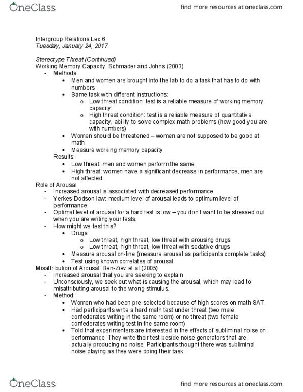 PSYCH 3CD3 Lecture Notes - Lecture 6: Stereotype Threat, Working Memory thumbnail