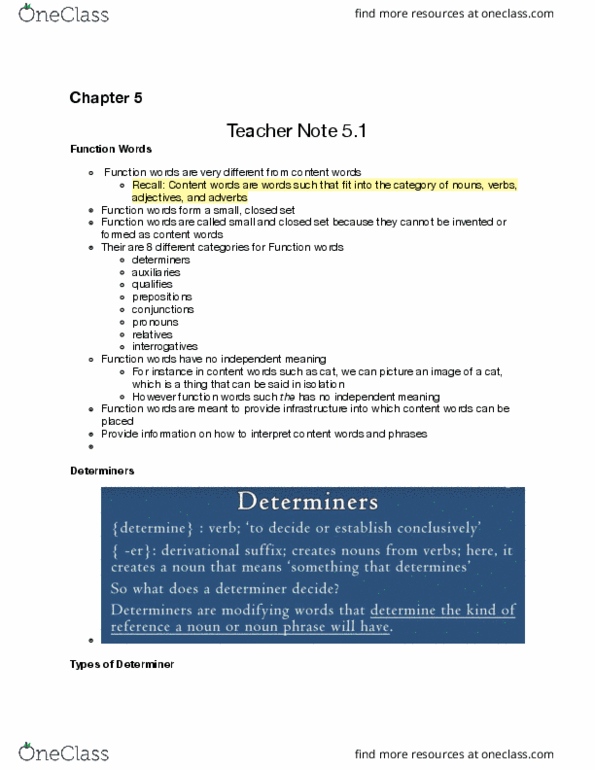 LIN204H5 Lecture Notes - Lecture 5: Auxiliary Verb, Closed Set, Determiner thumbnail