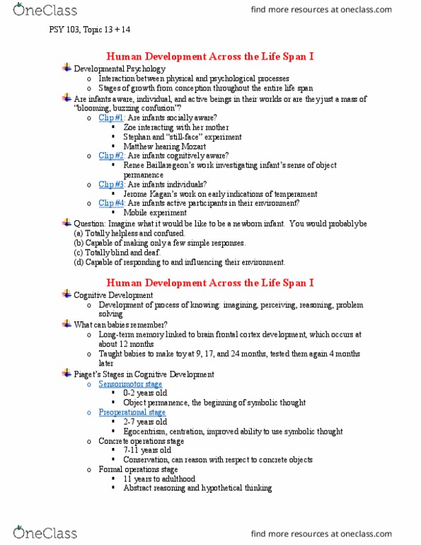 PSY 103 Lecture Notes - Lecture 13: Frontal Lobe, Object Permanence, Egocentrism thumbnail