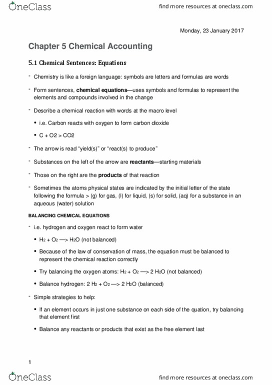 CHE 1405 Chapter Notes - Chapter 5: Carbon-12, Chemical Equation, Formula Unit thumbnail